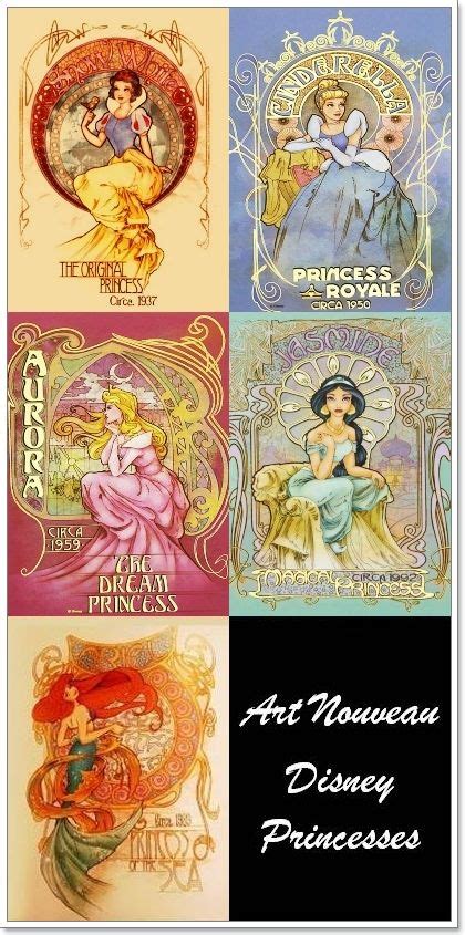 Four Disney Princesses Are Shown With The Words Art Nouveaus And Their