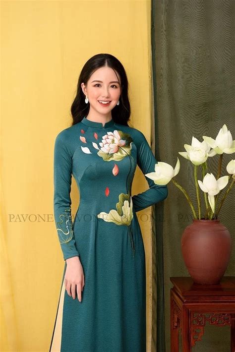 Traditional Green Silk Embroidery Lotus Ao Dai Set Ao Dai Dresses Asian Dress