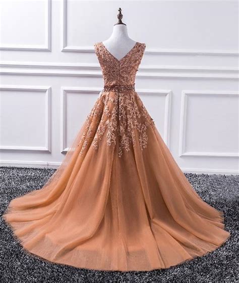 Luxurious A Line V Neck Champagne Tulle Lace Court Train Long Prom