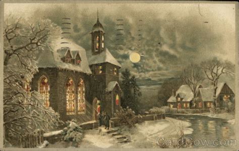 Winter Night Scene Of Parishioners Going To Church Christmas