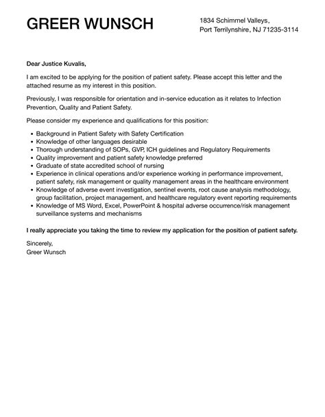 Patient Safety Cover Letter Velvet Jobs