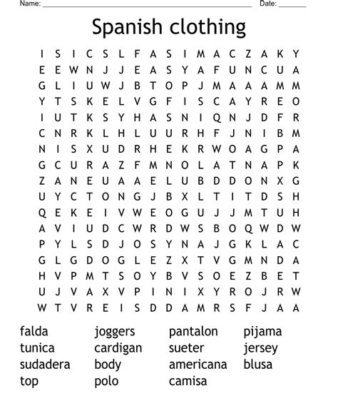 Spanish Clothing Word Search Wordmint
