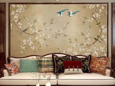 Chinoiserie Mural Hand Painted Plum Blossom Tree Wallpaper Etsy