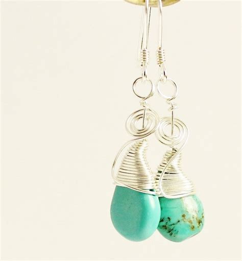 Turquoise Earrings Sterling Silver Swirl Wire Wrapped Artisan