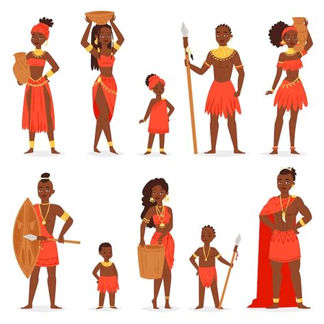 アフリカの人々黒人民族の民族衣装で子供女の子と男の子のアフリカ図民族セットの伝統的な部族服ドレスの美しい女性キャラクター プレミアムベクター