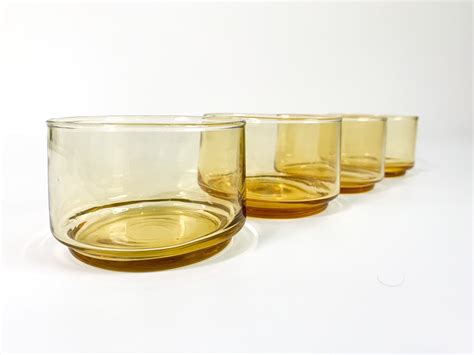 Vintage Retro Amber Stackable Drinking Glasses Set Of 4 Lowball Barware Vintage Glassware