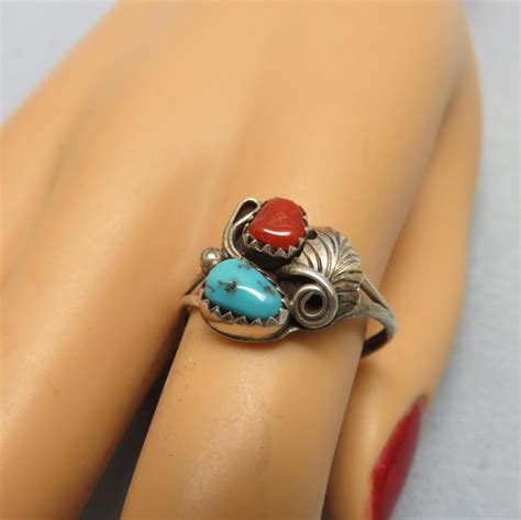Vintage Native American Turquoise And Coral Sterling Ring Etsy Native