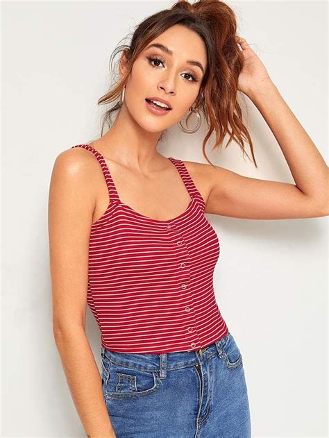 Shein Striped Popper Through Cami Top Cami Tops Top Outfits Tank