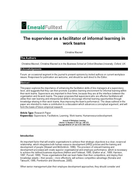 The Supervisor As A Facilitator Of Informal Learning In Work Teams