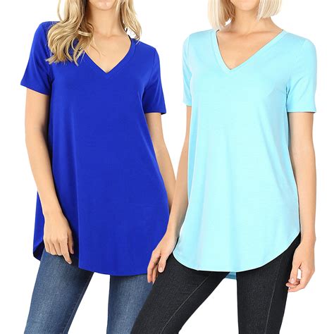 Thelovely Women Short Sleeve V Neck Round Hem Relaxed Fit Casual Tee