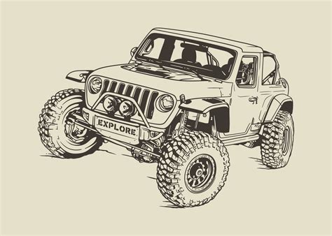 Off Road Jeep Hand Drawn Vector Line Art Illustration 7059726 Vector
