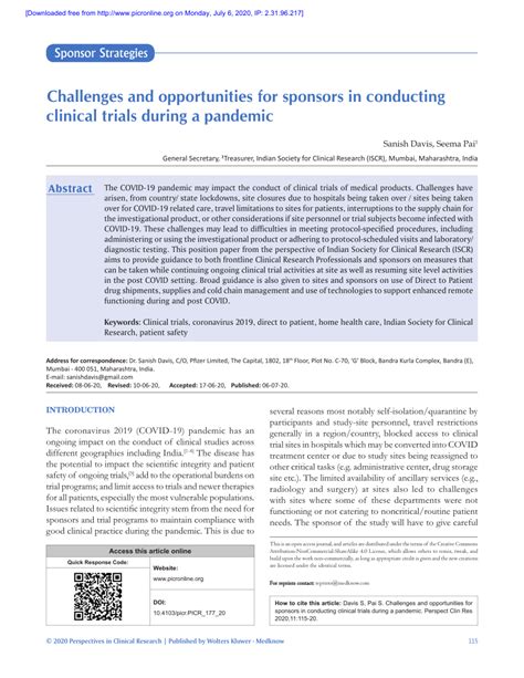 Pdf Challenges And Opportunities For Sponsors In Conducting Clinical Trials During A Pandemic