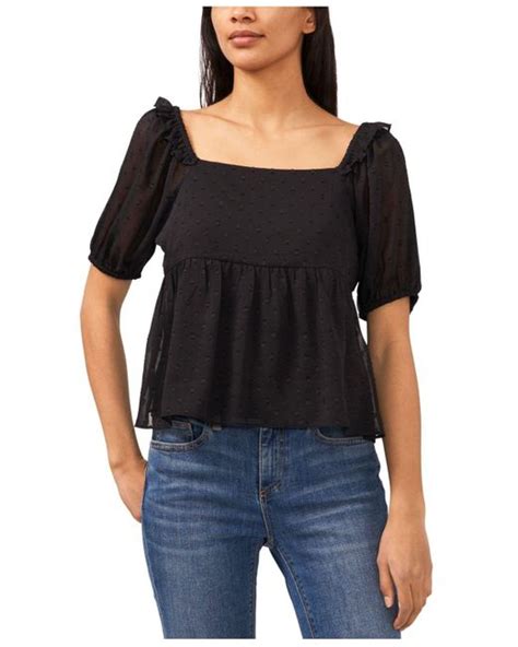 Riley And Rae Cotton Clip Dot Ruffled Shoulder Square Neck Blouse In