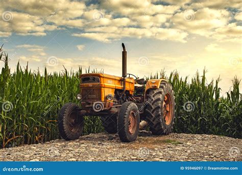 Old Tractor Near Farm Fields Stock Image Image Of Season Farmland