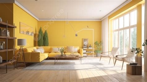 Modern Living Room In Yellow With Natural Light From Window 3d Render
