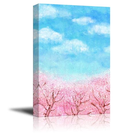 Wall26 Canvas Wall Art Oil Painting Style Pink Cherry Blossom Under Sunny Blue Sky In Spring