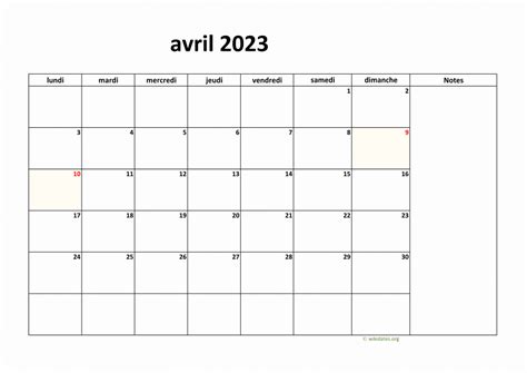 Calendrier Avril 2023