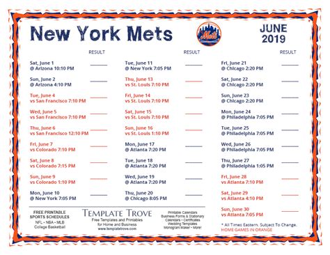 Printable 2019 New York Mets Schedule