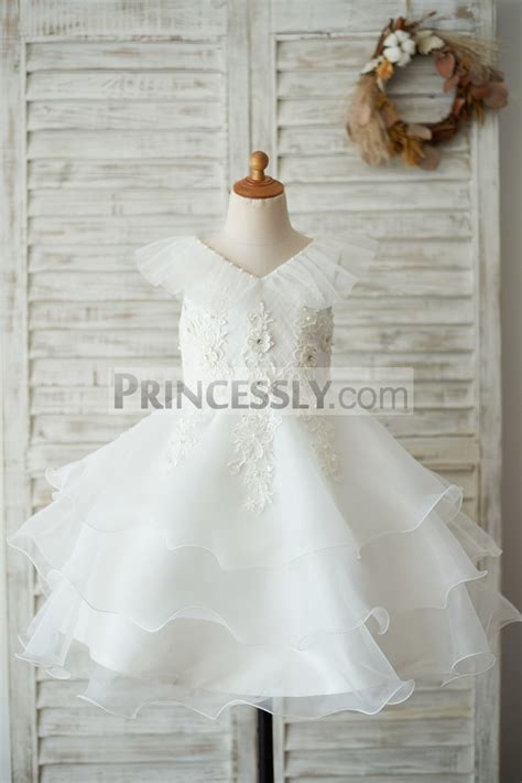 Frilled V Neck Ivory Lace Organza Cupcake Wedding Flower Girl Dress
