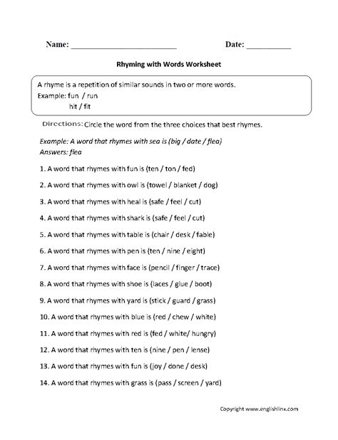 Rhyming Words Worksheet For Grade 2