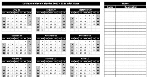Download Us Federal Fiscal Calendar 2020 21 With Notes Excel Template