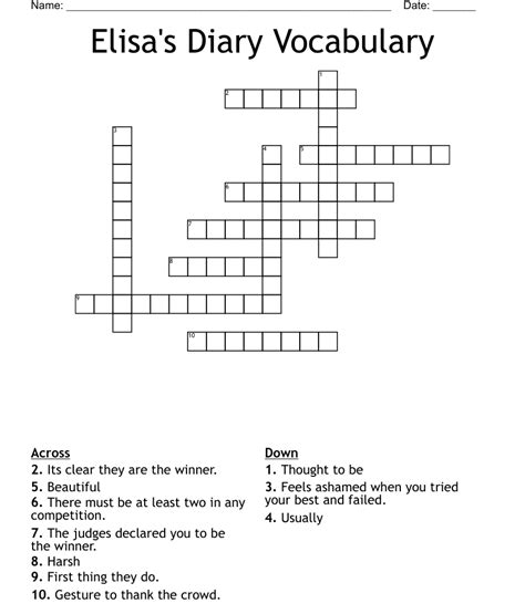 Elisas Diary Vocabulary Crossword Wordmint
