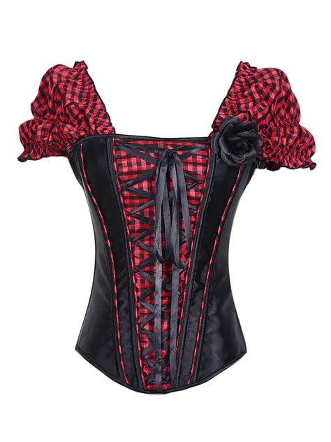 Buy 2017 Sexy Lingerie Corset Metal Boned Corset Puff Sleeves Plaid Corset With