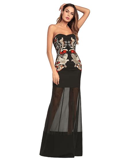 Black Sexy Backless Strapless Party Maxi Dress Elegant Chinese Style Summer Slim Mesh Bodycon