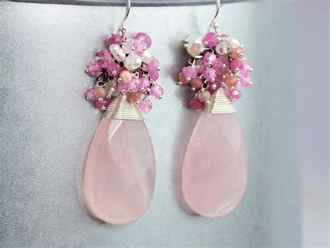 Rose Quartz Earrings Pink Gemstone Cluster Earring Silver Etsy