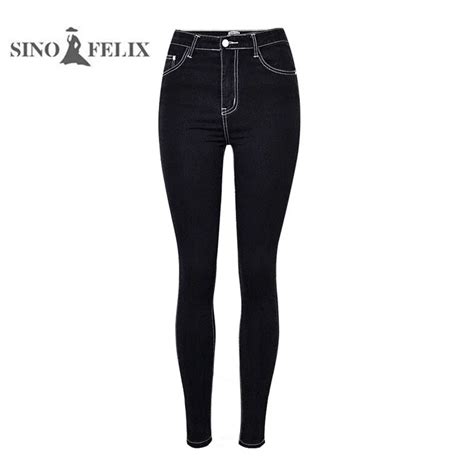 Sino Felix Women High Waist Skinny Jeans Black Slim Pencil Pants Femme