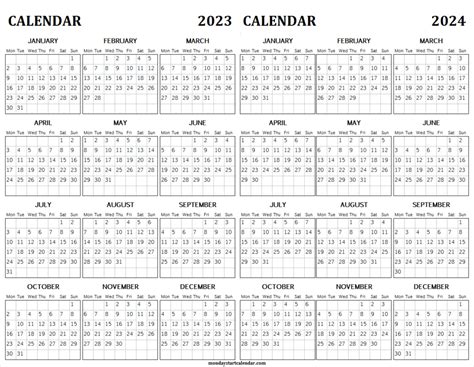2023 And 2024 Academic Calendar Printable Blank Two Year Calendar