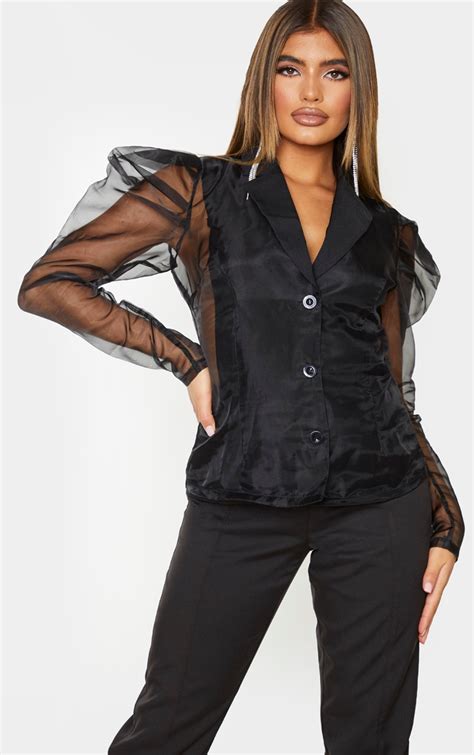 black sheer puff sleeve fitted shirt tops prettylittlething ie