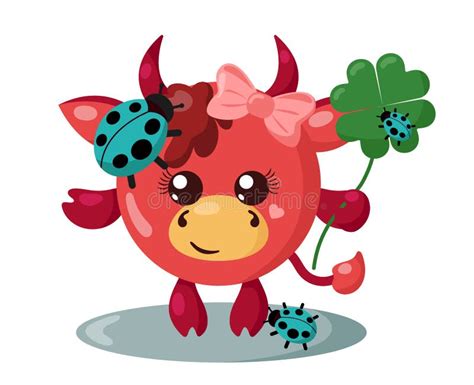 Funny Cute Smiling Cow With Round Body And Ladybugs Holding Four Leaf Good Luck Clover In Flat