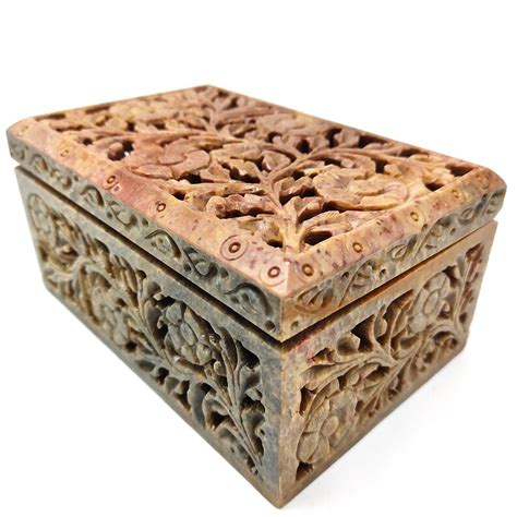 Floral Carved Box Soapstone Jewelry Trinket Keepsake Box Etsy
