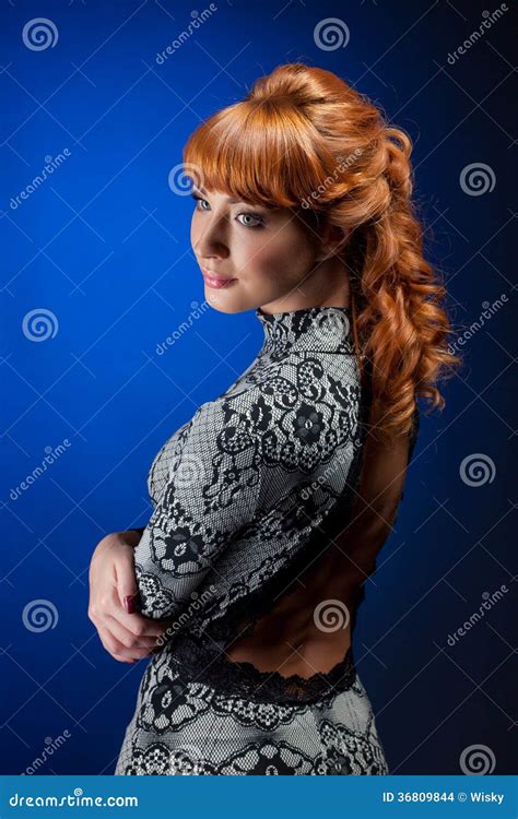 Portrait Of Red Haired Model Posing In Dress Stock Photo Image Of
