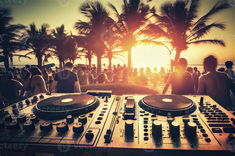 Dj Mixing Outdoor At Beach Party Festival With Crowd Of People In Background Summer Nightlife