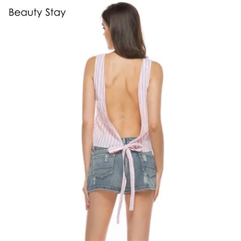 Beautystay Women Sexy Open Back Tie Tank Tops Stripe O Neck Sleeveless
