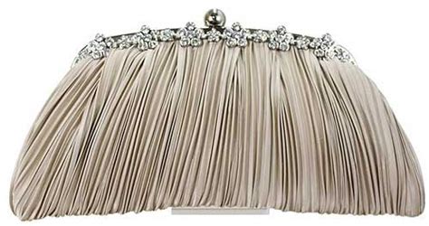 Pleated Champagne Satin Clutch Evening Bag With Rhinestone Accent
