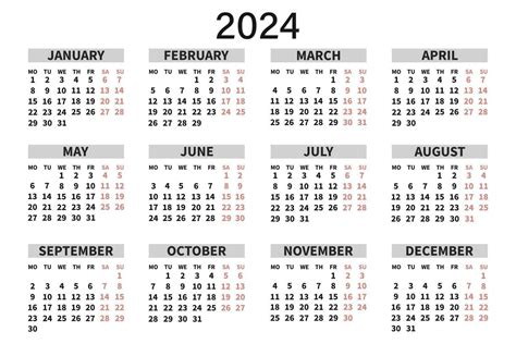 Clásico Horizontal Calendario 2024 En Inglés Días Semanas Y Meses