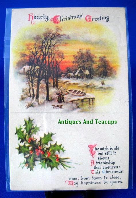 Antique Postcard Christmas Greeting 1922 Snow Scene Holly Poem Vintage