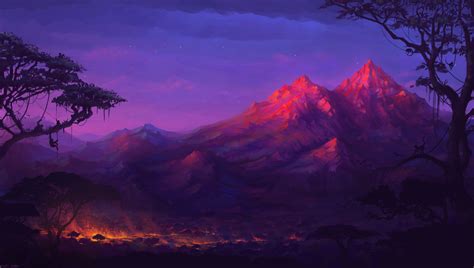 Wallpaper Trees Colorful Fantasy Art Sunset Night Sky Artwork