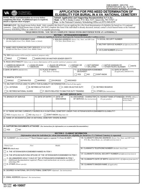 Va Form 40 10007 Application For Pre Need Determination Of