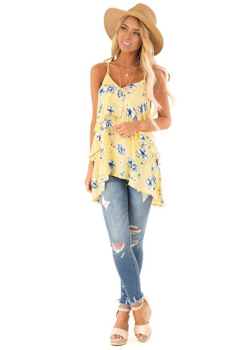 Pastel Yellow Tank Top With Floral Print And Ruffle Overlay Front Full Body Fashion Fashion