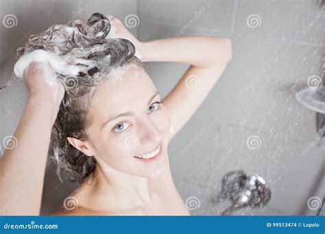 Woman In Shower Washing Hair With Shampoo Stock Photo Image Of Body