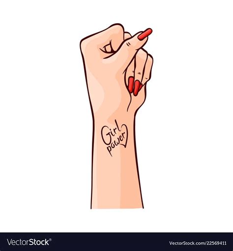 Vector Illustration Of Female Hand Clenched Into Fist And Tattoo Girl Power Raised Up In Sketch