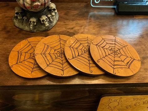 Spider Web Wood Drink Coasters Set Of 4 Wood Spider Engraved Wood