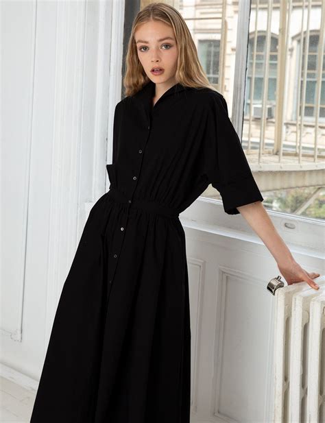 Everyday Black Midi Dress Elegant Shirt Dress Black Midi Dress Long Black Shirt Dress