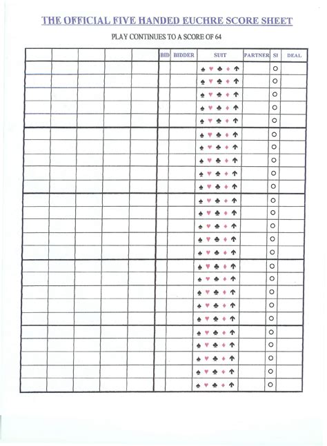 Five Handed Euchre Score Sheet Free Download