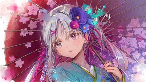 Download Wallpaper 1366x768 Girl Kimono Umbrella Anime Tablet