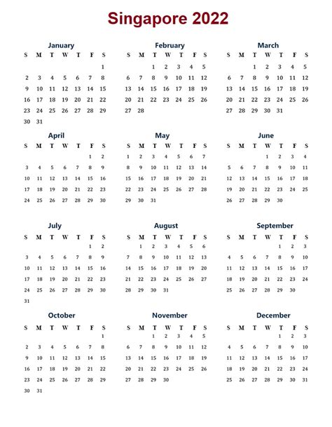 2022 Singapore Quarterly Calendar With Holidays Free Printable